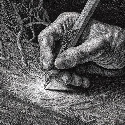 An ink drawing of a hand holding a pointed tool with an engraved handle, light emerging from the point, with maze-like patterns and vines surrounding.