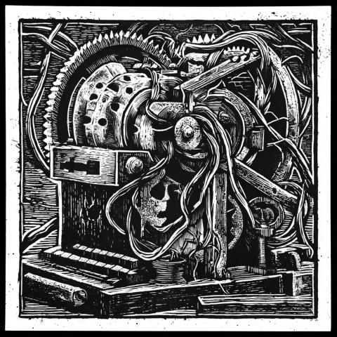 A block print of a machine with some large visible gears covered in vines. The vague impression of a human face emerges from a cluster of vines on the machine.