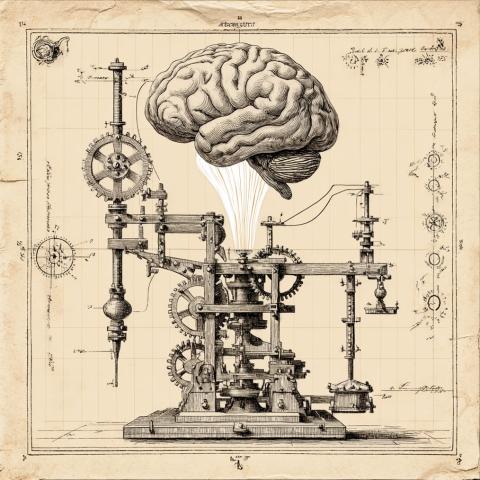 A technical drawing of a machine made of wood, metal, and gears. A brain emerges from the machine, floating above.