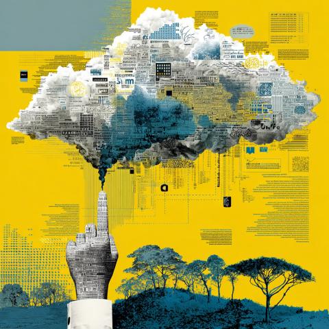 A collaged graphic on a bright yellow background of a grey hand pointing up at a grey cloud, blue spreading onto the cloud from the pointed finger. Below are blue hills and trees. Indecipherable text, icons, and diagrams are scattered across.