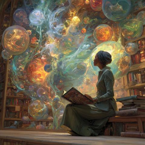 A woman wearing a dress and headscarf sits on a low bench in a library. A galactical explosion of large marble-like orbs, clouds, and glowing colors swirl in front of the shelves.