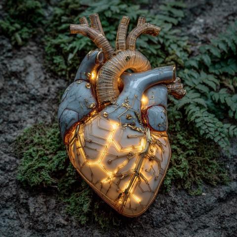 A glass human heart with glowing circuit veins, laying on the mossy earth.