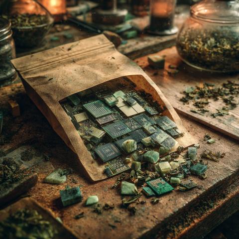 A seed packet with a rectangular cut-out, spilling out small circuit boards and stones.