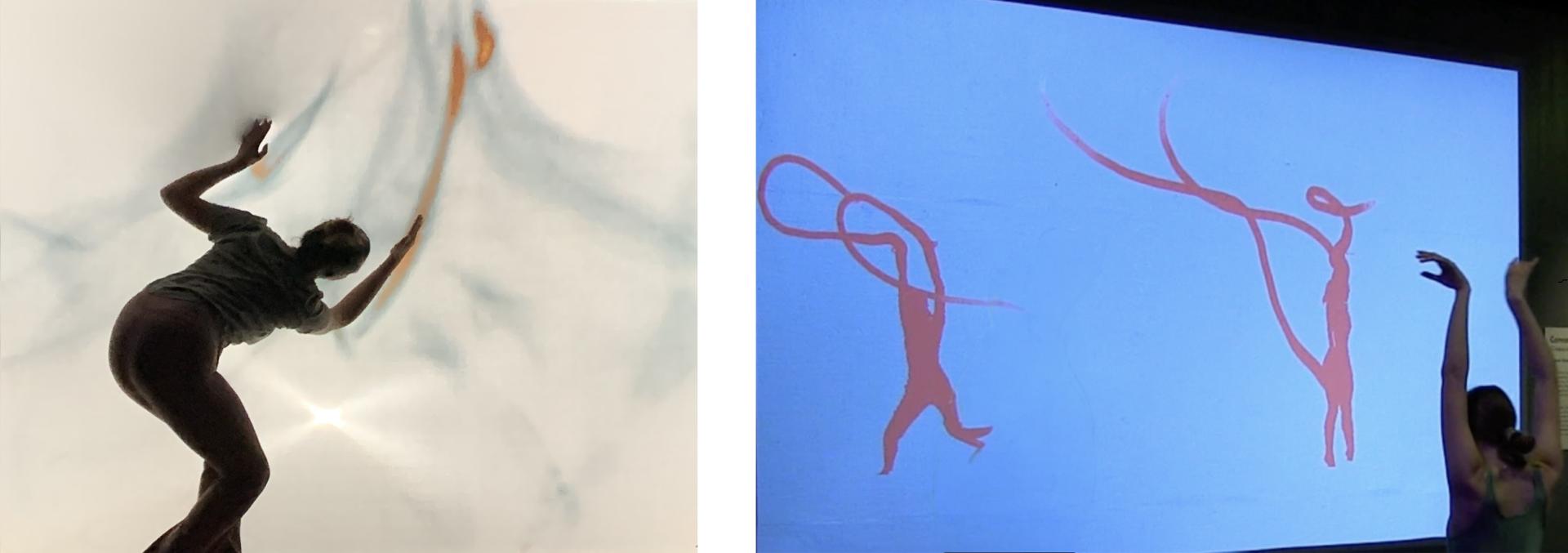 On the left, a woman dances in front of a motion-sensitive projection, light grey with blue and orange streaks following her movement. On the right, another woman holds up her arms facing a projection of salmon-colored figures whose limbs extend out in sweeping tendrils following their movement. 