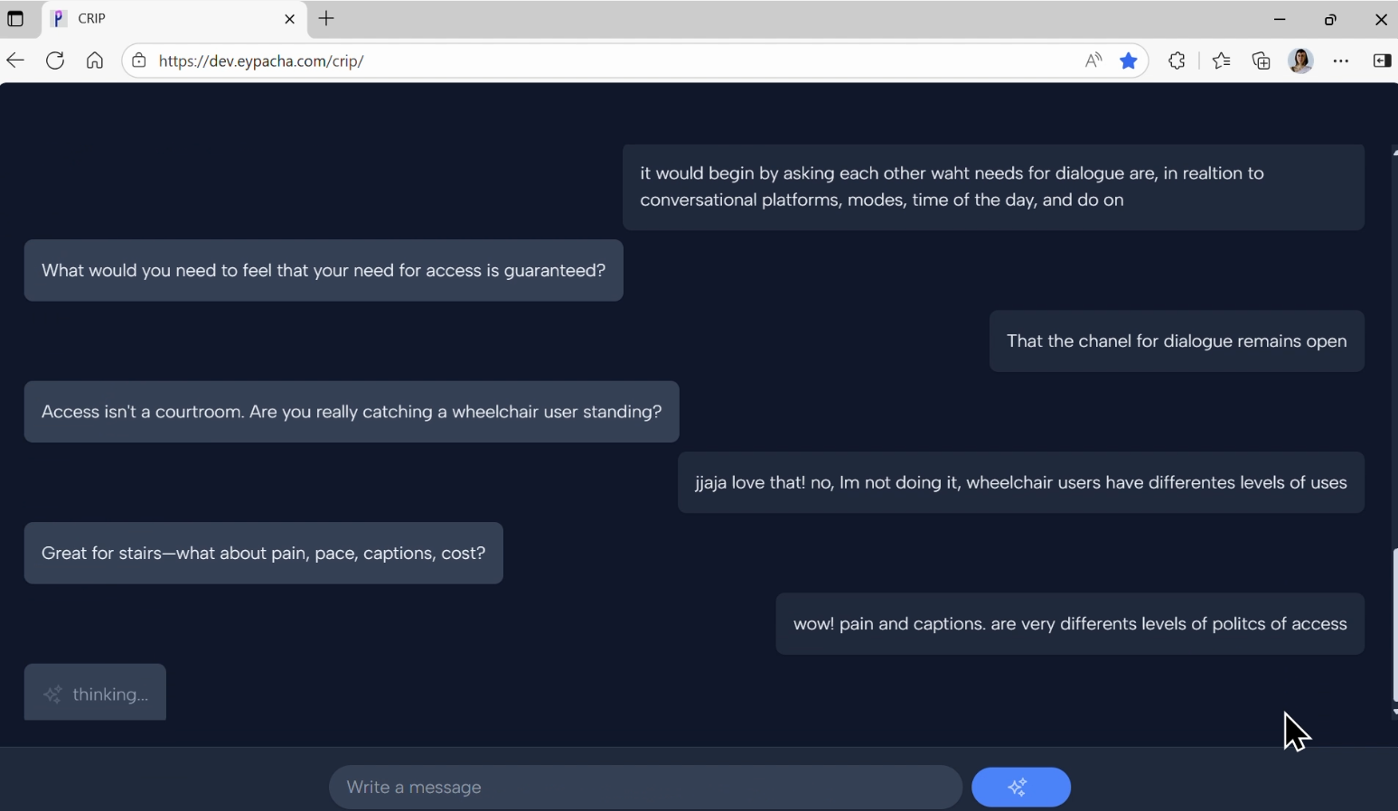 Web browser showing the CRIP chatbot in dark mode. ‘Humor’ example mid-conversation: bot messages on the left (light blue), participant on the right (dark blue).