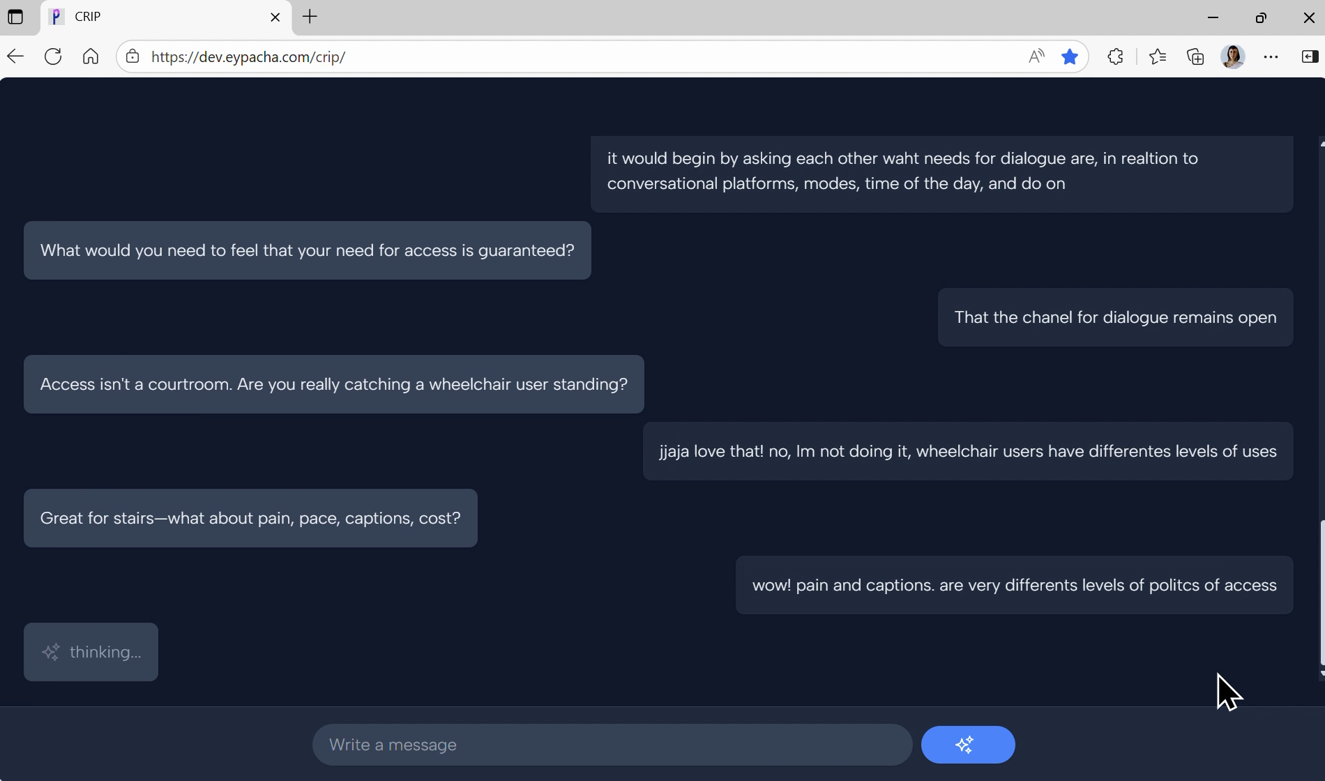 Web browser showing the CRIP chatbot in dark mode. ‘Provocation’ example mid-conversation: bot messages on the left (light blue), participant on the right (dark blue). 