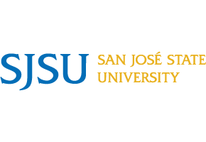 SJSU in serif blue font, followed by San Jose State University in smaller serif gold font.

