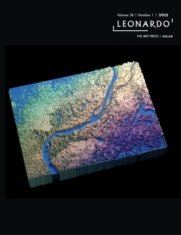Cover of Leonardo 58.1, a slice of a 3D map showing a river.