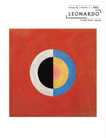 Cover of Leonardo 58.2, an abstract painting of concentric circles in white, black, blue, yellow, and pink over a rust red square.