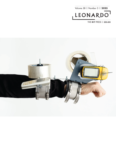 Cover of Leonardo 58.3, an arm outstretched with various objects taped to it, including a handheld phone.