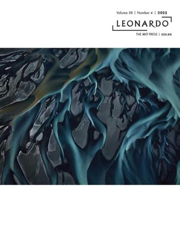 Cover of Leonardo 58.4, abstract landscape of blue molten metal.