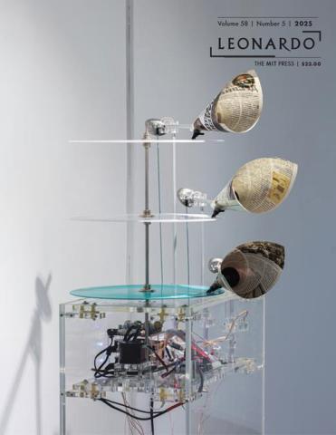 Cover of Leonardo 58.5, a sculpture made of records, the internal workings of a record player, and newspaper cones.