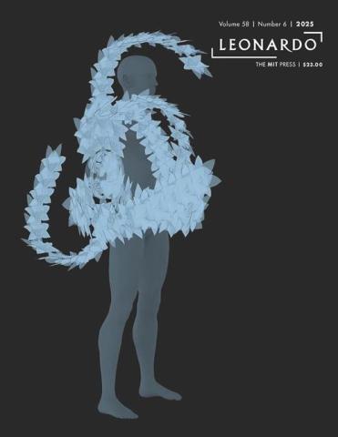 Cover of Leonardo 58.6, a 3D modeled mannequin wearing tendrils of blue flowers.