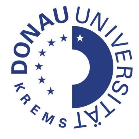 A circular logo with the text "Donau Universität Krems" surrounding a half-circle design featuring stars.