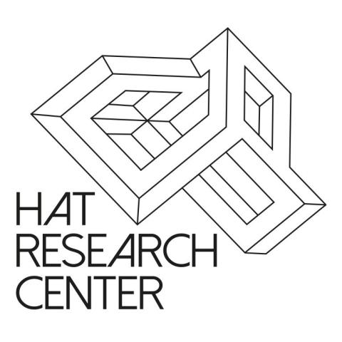 A geometric, three-dimensional optical illusion design is positioned above the text "HAT RESEARCH CENTER" in a modern, angular font.