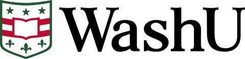 A shield logo, in green and red lines. WashU written in black serif beside.