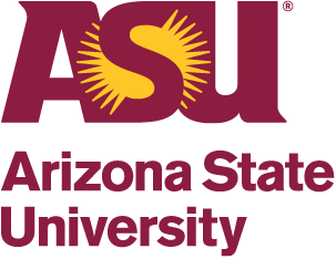ASU logo in maroon with a golden sunburst behind the S