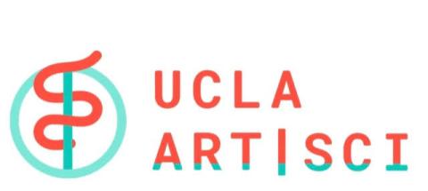A blue circle with a vertical line through it and an orange curvy line entwined around the center line. UCLA Art|Sci Center written beside.

