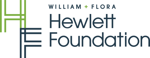 Hewlett Foundation written in a very dark blue, with William Flora in small over top. To the right, a large H and F stylized with a double-stroke and stacked to start the F at the bottom right leg of the H.