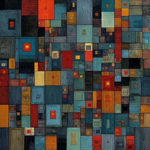 An intricate abstract composition of overlapping rectangles in muted shades of blue, red, orange, teal, and ochre. Each shape is textured with fine linear patterns, creating depth and rhythm. The layered geometry resembles a woven cityscape.
