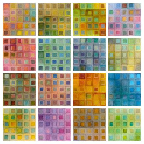 A grid of sixteen watercolor squares, each filled with smaller translucent squares in varying hues of yellows, greens, blues, purples, and reds. The soft edges and layered transparency evoke rhythm, harmony, and meditative balance.
