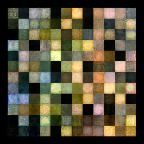 An abstract grid of softly glowing squares in muted tones of green, gold, brown, pink, and blue against a black background. The subtle variations in color and texture create a sense of depth and luminosity.