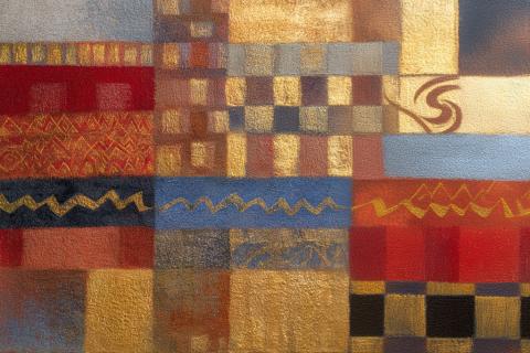 An abstract geometric composition featuring a patchwork of rectangles and squares in rich hues of gold, red, blue, and ochre. Textured surfaces shimmer with metallic highlights and zigzag motifs. The interplay of color and texture creates warmth, rhythm, and a sense of crafted harmony.