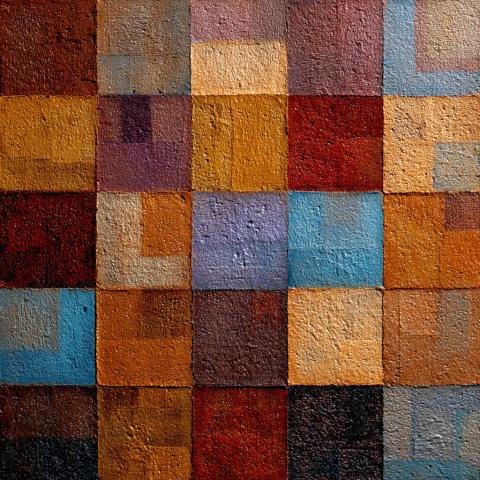 A hard-edge painting with a grid of colorful squares and rectangles in warm and cool tones—reds, oranges, yellows, blues, and purples.