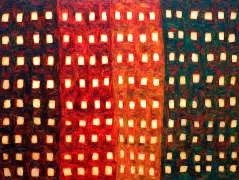 An abstract painting composed of vertical bands of interwoven squares, glowing with warm light. The palette transitions from deep blue and red on the edges to bright orange and gold in the center.