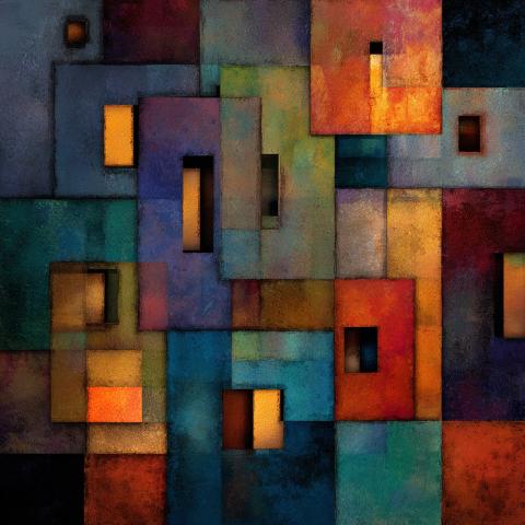 A geometric abstract painting composed of overlapping translucent rectangles in deep blues, teals, oranges, and golds. The composition features glowing rectangular openings that create an illusion of depth and interior light.