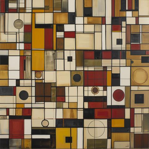 Abstract geometric painting of interlocking squares, rectangles, and circles in warm tones of red, ochre, cream, and black.