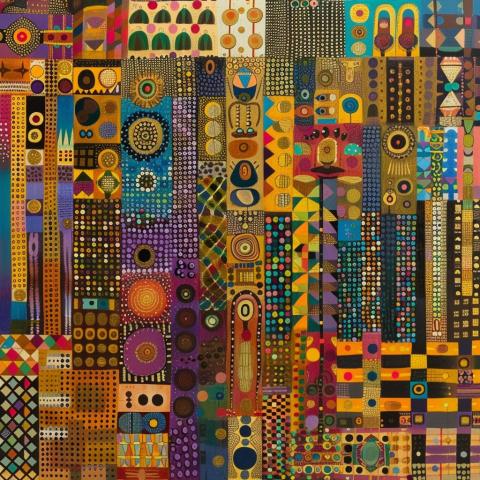 A vibrant abstract painting filled with intricate geometric patterns, dots, and colorful shapes in gold, purple, blue, orange, and green, resembling a mosaic tapestry or cityscape of symbols.
