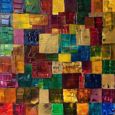 A richly textured abstract painting composed of overlapping squares in vibrant colors—gold, red, green, blue, and yellow—creating a mosaic-like surface with visible brushstrokes and layered depth.