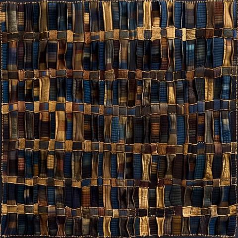 Abstract featuring interwoven vertical and horizontal bands in deep blues, browns, and golds, creating a textured, fabric-like grid with rhythmic, undulating lines.