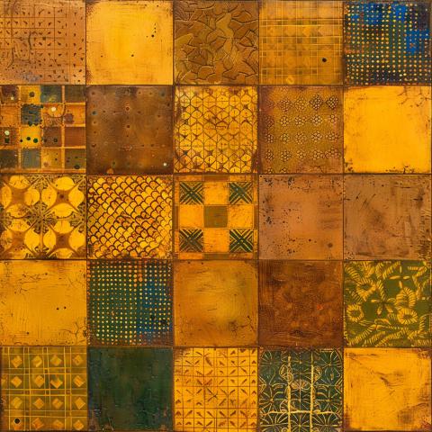 A 5 x 5 grid of square tiles in warm ochres, golds, browns, and deep greens, each with distinct textures and patterns. The designs include dots, grids, geometric motifs, and leaf-like forms, giving a sense of aged surfaces and handmade craftsmanship.