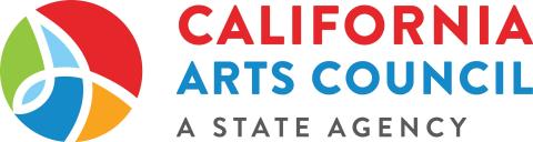 Colorful circle (red, blue, green, and orange) with a swooping white line separating the colors like stained glass. Underneath is written in all-caps: California in red, Arts Council in blue, and A State Agency in smaller grey.