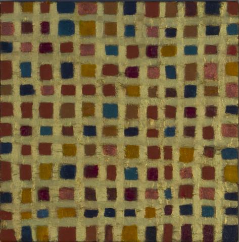 An abstract painting composed of a grid of small, textured, uneven square shapes painted in earthy tones—ochre, rust, burgundy, navy blue, and muted rose—set against a gold background. The rhythmic repetition of the colored squares creates a woven or mosaic-like effect, evoking warmth and quiet order within the organic imperfections of the grid.