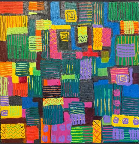 A vibrant abstract painting composed of colorful rectangular blocks arranged in a dense patchwork grid and painted in neon hues of yellow, orange, pink, green, blue, and purple. The overall effect is lively and playful, blending geometric order with expressive spontaneity.