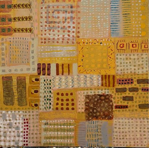 An abstract geometric painting composed of softly colored rectangular sections arranged in a quilt-like grid. Each section features unique patterns—dots, lines, zigzags, and spirals—painted in warm earthy tones of ochre, gold, beige, rust, and pale blue. The textured surface and repetition of motifs evoke the feeling of woven fabric or stitched embroidery.