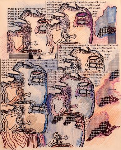 A grid of distorted human faces created using pixel patterns, halftones, and typed text interlaced with expressive, colored pencil, and marker gestures. The repetition of the phrase “I see myself be myself” creates a rhythmic, almost hypnotic mantra —a recursive meditation on selfhood and consciousness, a mind looping through self-recognition.