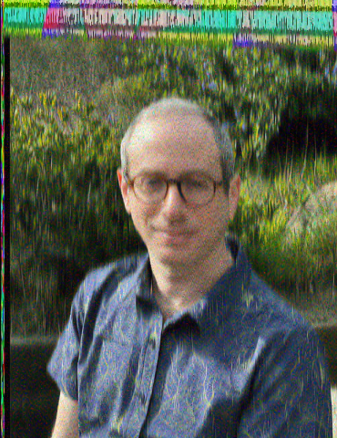 A grainy textured image of a male figure wearing brown glasses and a blue floral shirt against a natural background. They have short gray hair, pale skin, and a slight smile. There is a vertical rainbow pixel tearing at the left edge and at the top as a result of the image having been repeatedly transmitted using slow-scan television over a noisy frequency.