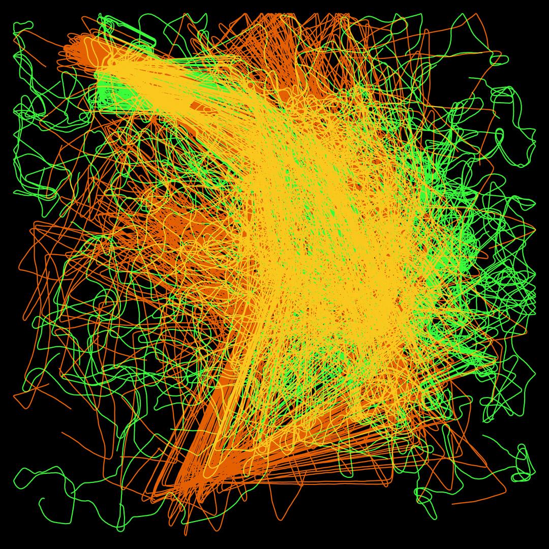 The image features a dense, swirling field of motion, made up of thousands of overlapping lime green and amber-orange lines - the trails of bots inscribed across a deep, black background. The green lines are typically thinner, nervous, and darting, looping freely around the edges like unstable electrical signals, while the orange lines are generally thicker (the result of multiple lines being overlaid in close proximity) and more forceful, gathering heavily toward the centre. Where the two colours intersect, they create a bright, hazy yellow core - an almost glowing mass where a great many paths collide and blend. From this luminous centre, trails seem to shoot outward in every direction, thinning into wandering curls and tangled knots that sprawl to the edges of the frame. The whole composition feels restless, as though capturing the long-exposure traces of many unpredictable agents moving at once. The overall sensation is of turbulence, energy, and chaotic motion, with no clear beginning or end - just variously contrasting and overlapping colour and movement suspended in darkness.