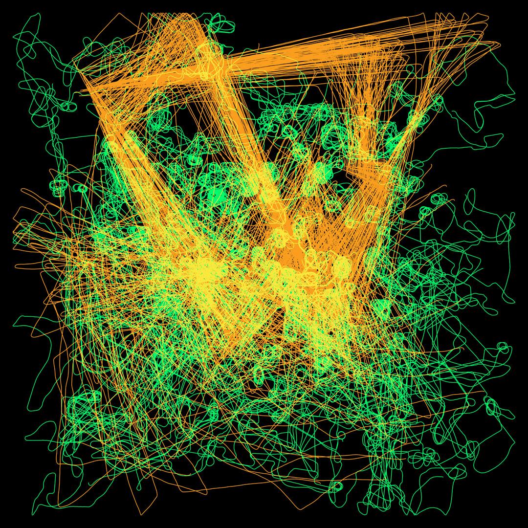 The image features a dense, chaotic web of orange and green lines on a black background. The orange lines form sharp, angular structures that crisscross diagonally through the center, creating overlapping triangular and rectangular shapes. In contrast, the green lines are looser and more fluid, looping and curling irregularly around and between the orange shapes. The composition feels layered and tangled, with the orange lines suggesting rigid frameworks or trajectories and the green lines appearing more organic and dispersed. Overall, it resembles a complex network or collision of geometric and freeform motion within a confined square space.