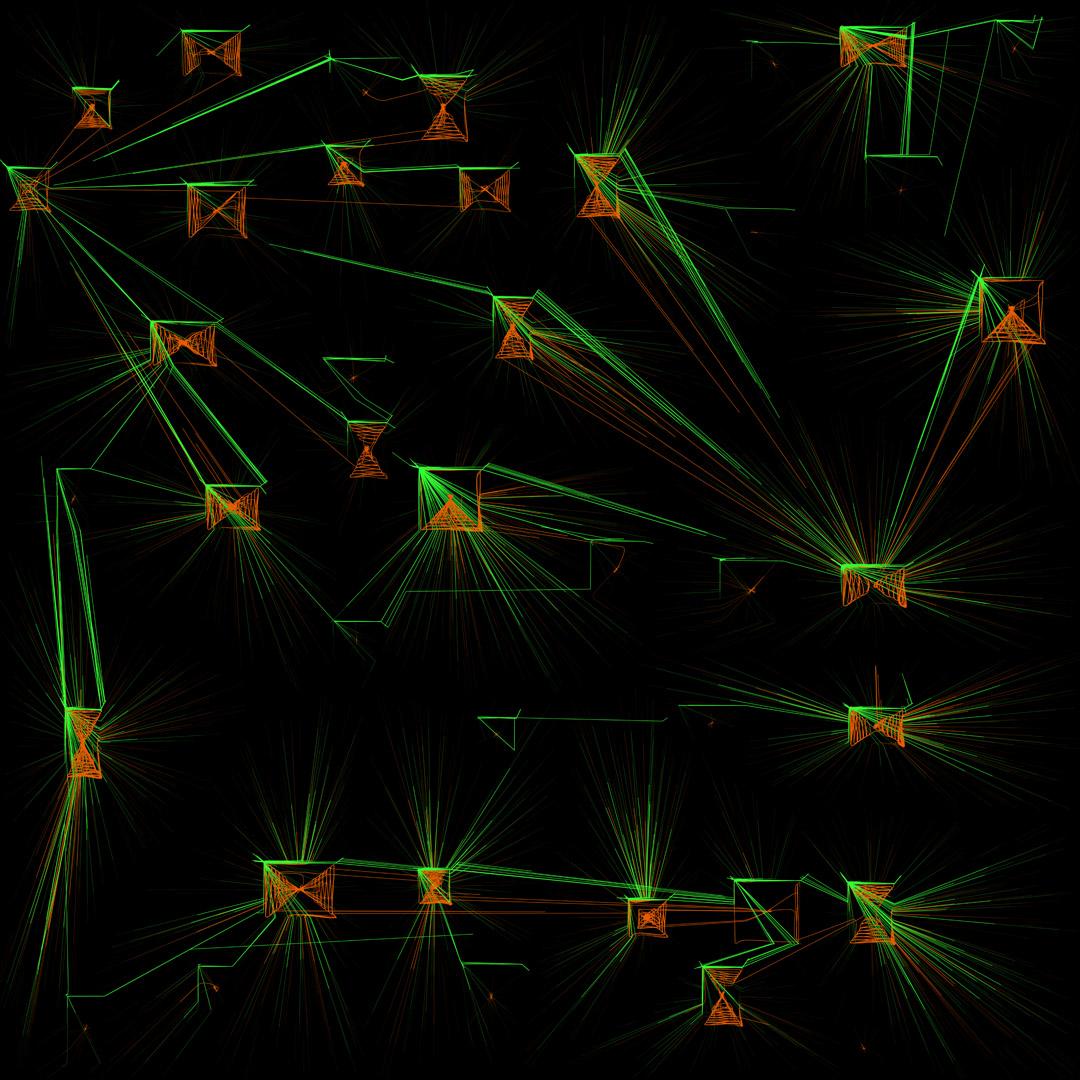 The image displays a black background overlaid with a network of geometric shapes and straight lines in green and orange. Each shape appears as a small polygon or cluster of triangles, with multiple thin lines radiating outward from its center in all directions. The green and orange lines frequently intersect, forming dense starburst or web-like patterns.
Some shapes are connected to one another by longer, angular lines, creating a loose network that extends across the entire image. The overall arrangement is irregular but balanced, with clusters of shapes distributed throughout the frame and areas of denser connectivity interspersed with more open space. The image has a technical or diagram-like quality, resembling a stylised visualisation of a network or data system.