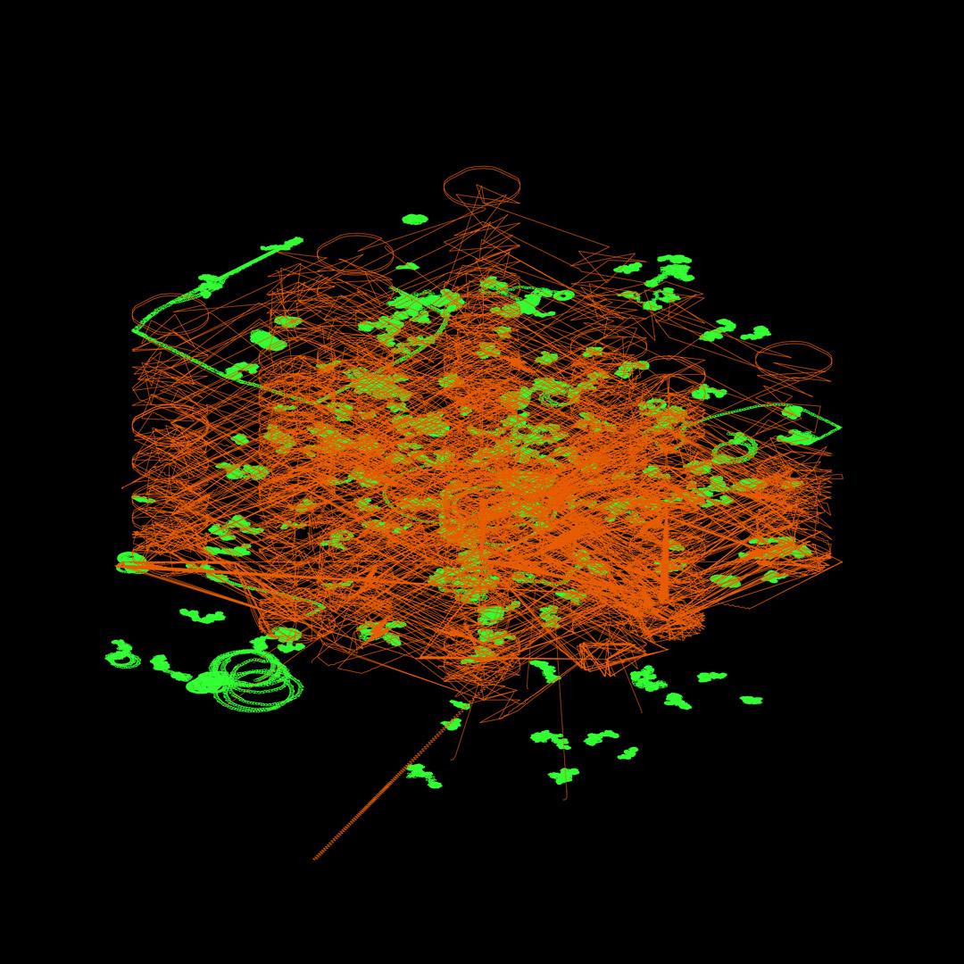 The image consists of a black background with a densely packed orange wireframe structure occupying most of the central area. The structure is composed of numerous straight lines forming interconnected geometric shapes, including cubes, hexagons, and diagonal cross-braces. The lines overlap heavily, creating a layered, mesh-like effect. Distributed throughout and around this orange structure are multiple green circular and spiral forms of varying sizes. These green elements are less densely arranged and appear to be positioned both within and outside the main orange cluster. The composition is symmetrical along no clear axis, with the orange structure concentrated in the center and the green shapes more dispersed toward the edges. The image gives the impression of a three-dimensional lattice viewed from an oblique angle.