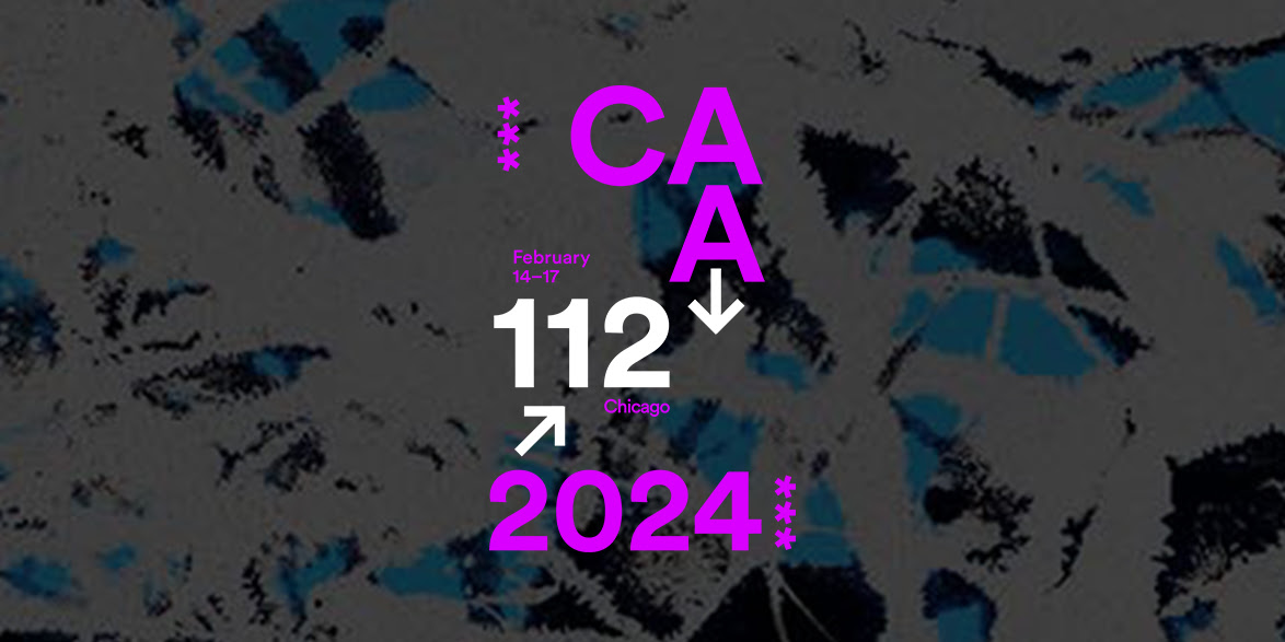 Image gray, black, and blue textured background with the accompany text formatted vertically in the center of the image: “2024 CAA 112 Chicago february 14–17”