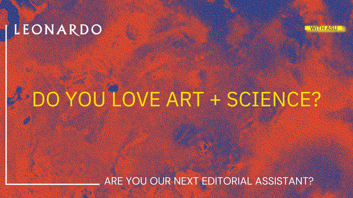 Red GIF prompting inquiries about applying as an editorial assistant for Leonardo publications.
