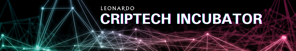 Against a black background with pink and electric turqouise lines trace energetic geometries, the words Leonardo CripTech Incubator pop out in white block letters.