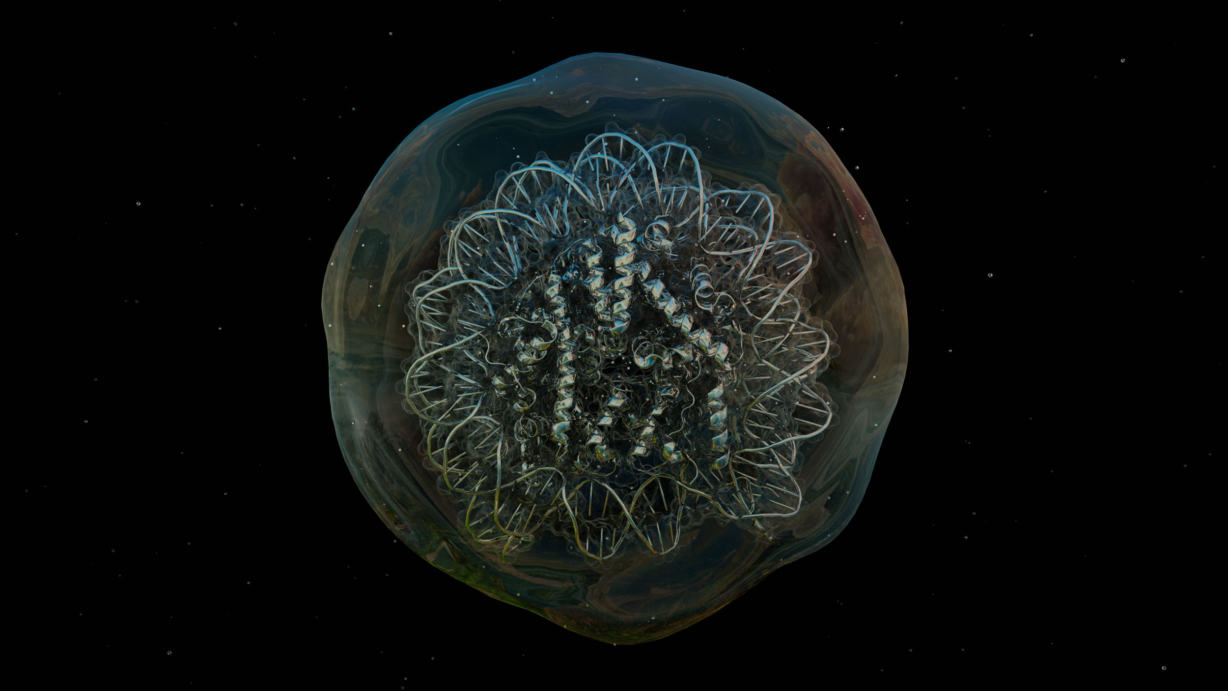 A still image of 3D molecular animations drawn from epigenetic research on environmental influences on gene expression. The animations look shiney glass orbs floating in black space.