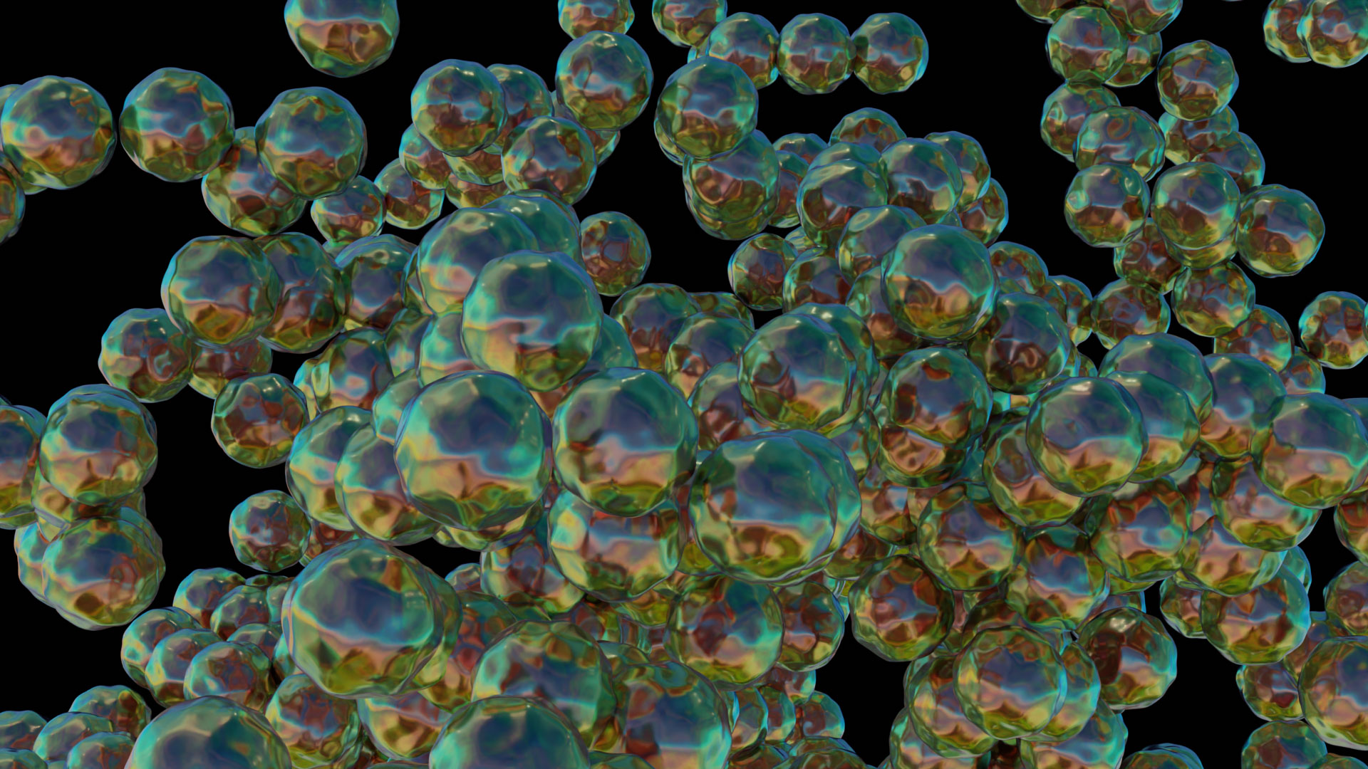 A still image of 3D molecular animations drawn from epigenetic research on environmental influences on gene expression. The animations look shiney glass orbs floating in black space.